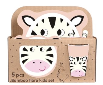 Bamboo Fiber Children's Compartment Tray Spork Tableware Set (Option: Ear Zebra-New Material White Material)